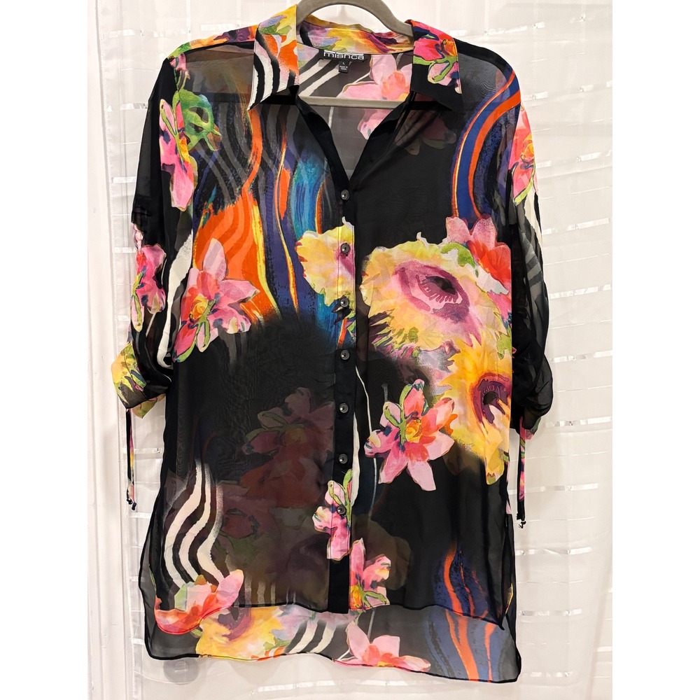 Mishca Floral Zebra Print Sheer Button Up Tunic Top Black Multi Large